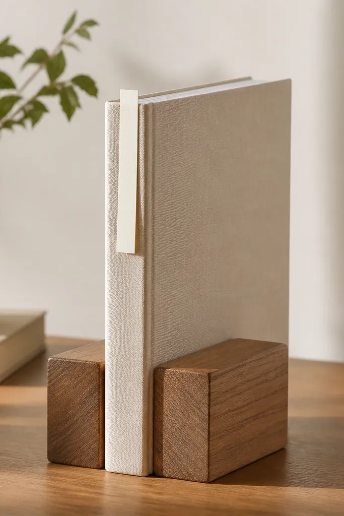 A simple book stand made from two warm wood blocks holding a book upright. A thin strip of paper labeled "Math" is placed along the spine to guide placement.