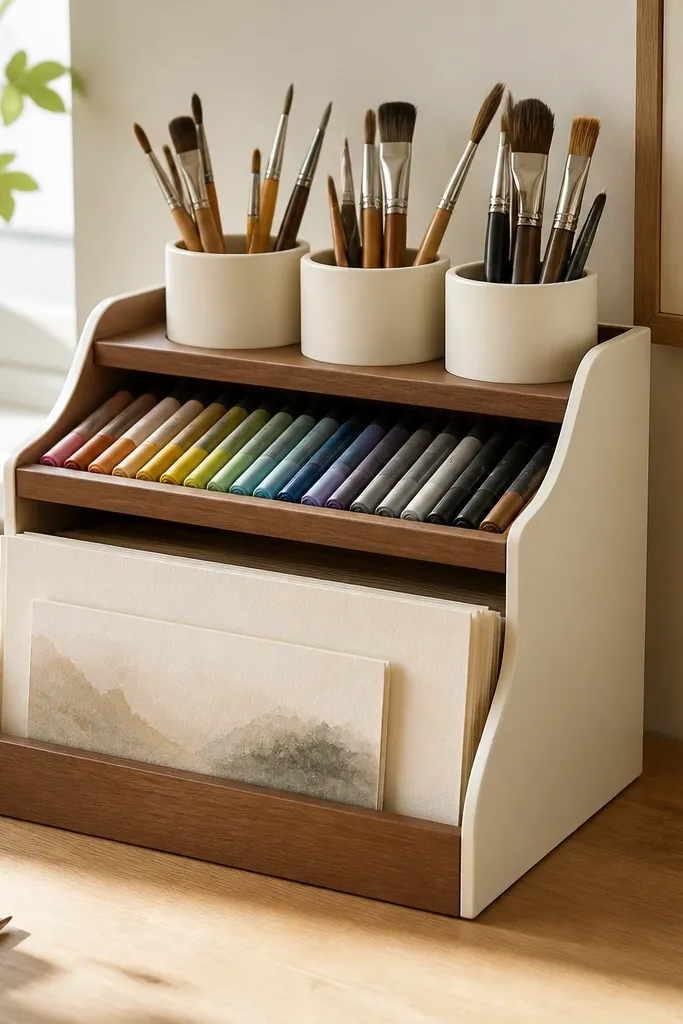 A stepped organizer with three levels. Top level holds paintbrush cups, middle holds markers in a lined tray, bottom holds watercolor paper in a vertical slot. Colors are cream and warm brown.