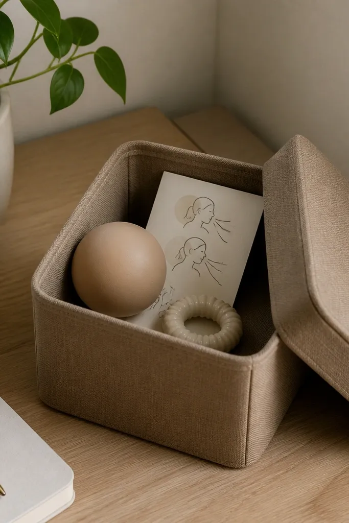 A small fabric bin in muted tan in the desk corner with a lid. Inside are a stress ball, a small textured ring, and a page of breathing prompts.