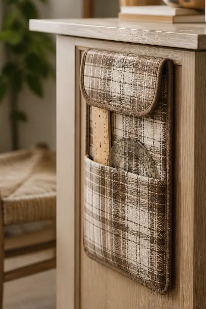 A fabric pocket mounted vertically on the side of a desk. It holds a ruler and a protractor with a top flap. The fabric is a warm plaid in muted browns and creams.
