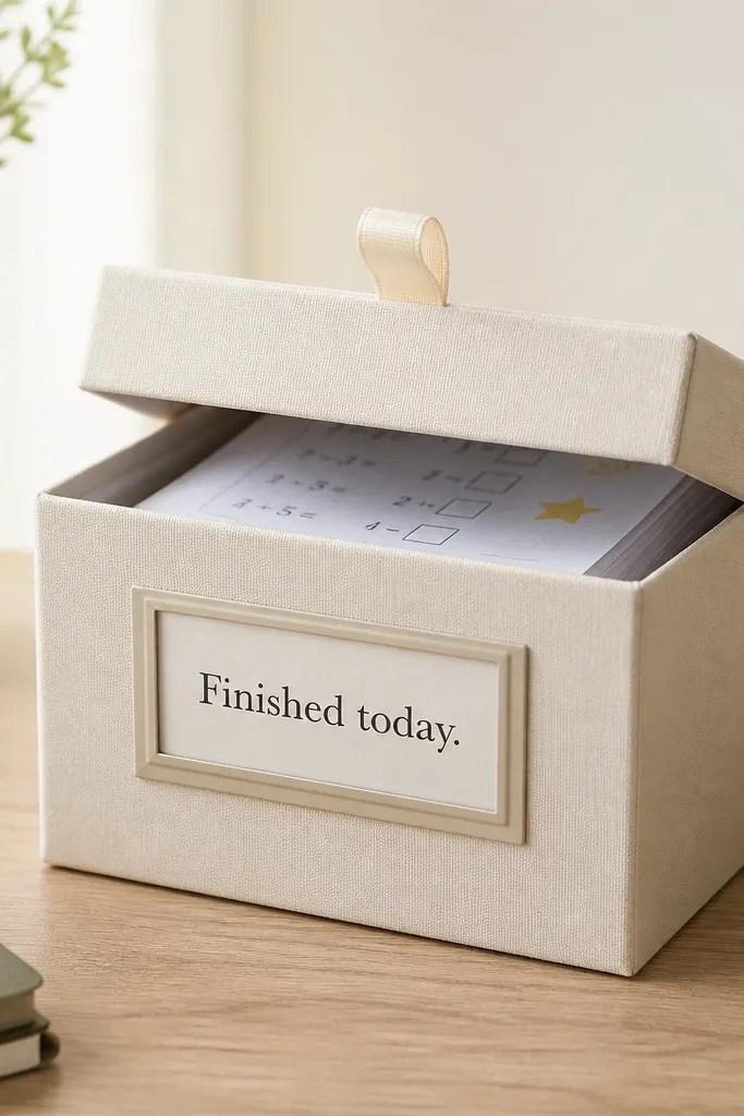 A small lidded box in cream with a ribbon pull on top. A few completed worksheets sit inside, and the box is labeled "Finished today."