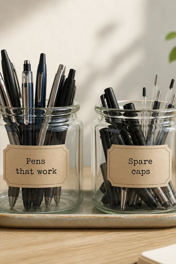 Two matching jars on a small tray. One jar is labeled "Pens that work" and holds only working pens. The other says "Spare caps" and holds caps and spare leads.