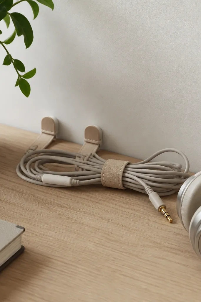 A headphone cord coiled neatly with a fabric tape strap. The tape is a warm beige with a small stitched edge, and two cord clips hold it along the desk back.