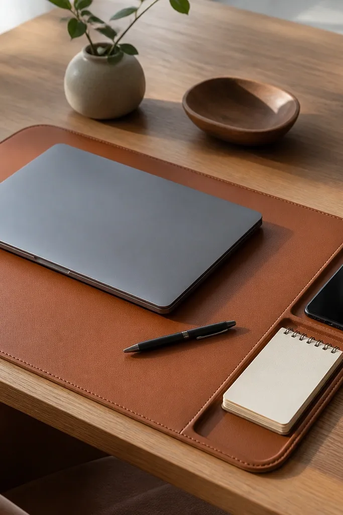 A large desk mat in caramel brown with a stitched edge. Along one side is a slim built-in tray lip where a phone and a small notepad sit.