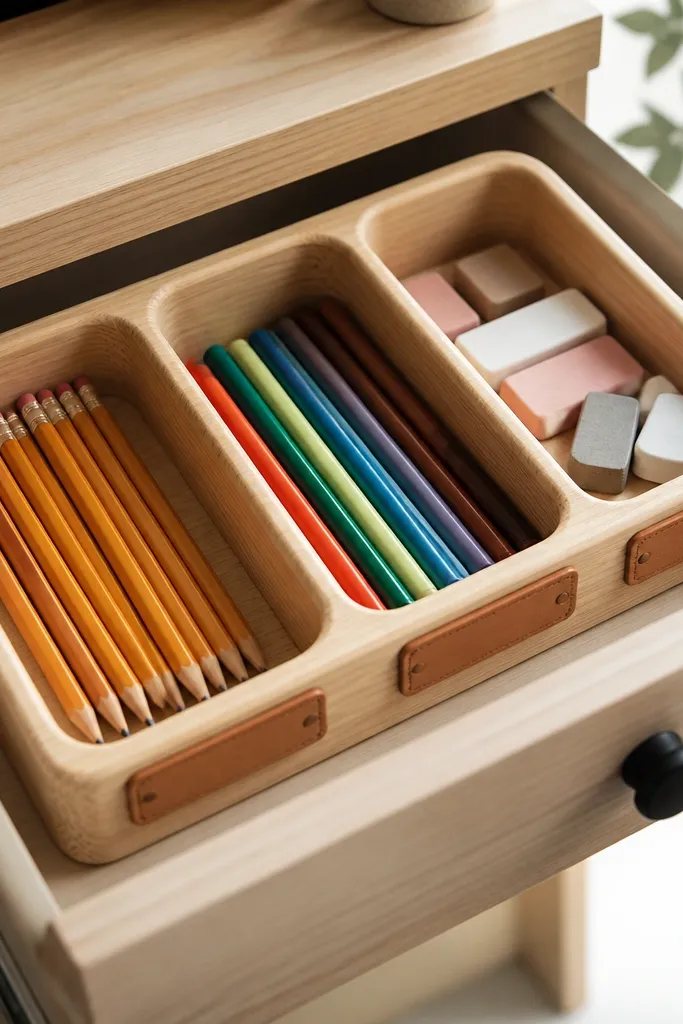 A desk drawer with rounded divider blocks in light wood. Each section has a warm label strip: "Pencils," "Markers," and "Erasers."