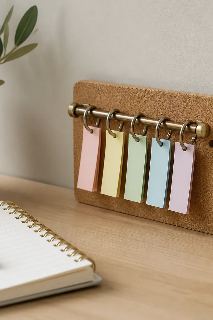 A cork ring holder mounted on the desk. Sticky note tabs hang like bookmarks from the rings, each with a handwritten label. The holder sits next to a notebook.