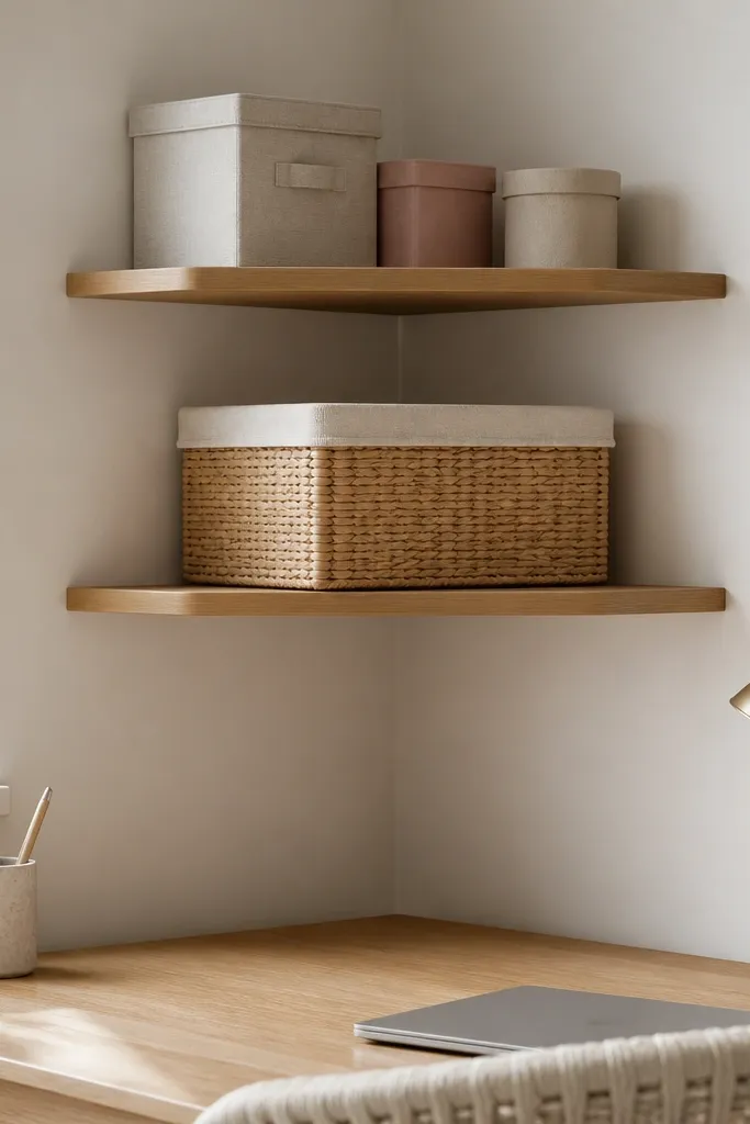 A small wall corner shelf above the desk. On the lower shelf is a woven basket in beige with a fabric liner. A few labeled bins sit on top.