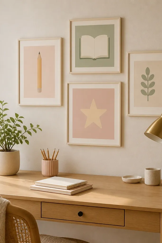 A small framed set of prints above the desk in a warm gallery arrangement. The frames are cream and the prints use soft pastel colors with simple icons like a pencil, book, and star.