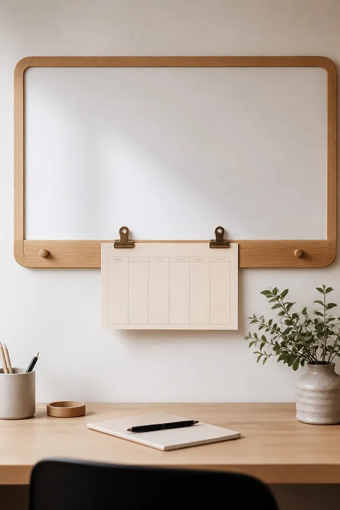 A small whiteboard mounted above the desk with a warm wood rail underneath. Clips hold a weekly schedule card. The board is surrounded by light wood trim.