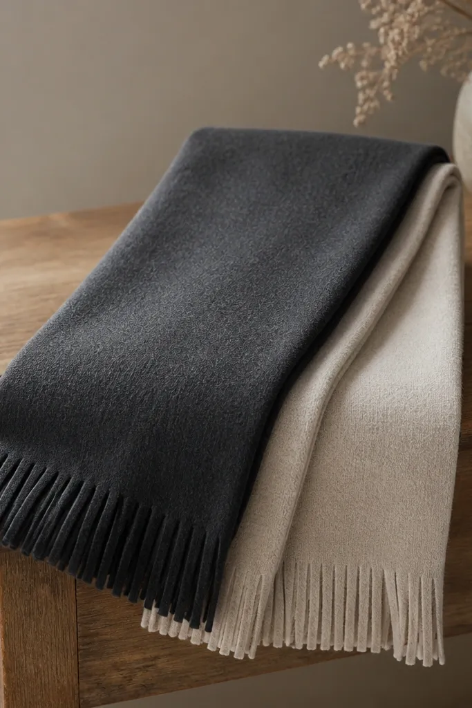 A folded scarf made from two fleece rectangles, charcoal on one side and oatmeal on the other, with a fringe edge cut into even strips; the ends hang slightly over a wooden table.