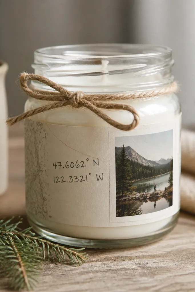 A clear glass jar candle with a label wrapped around it; the label shows a handwritten map coordinate and a small printed photo, plus a twine bow at the top.