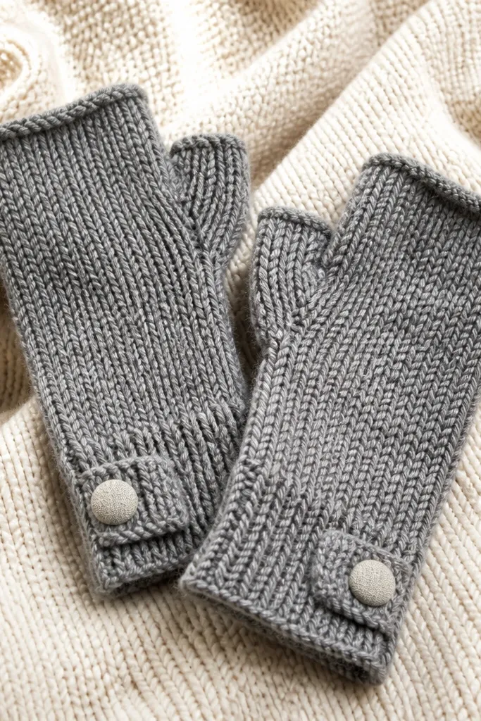 A pair of hand warmers shaped like fingerless mitts, made in heather gray yarn, with a small fabric button tab at the wrist area; laid flat on a knitted blanket.