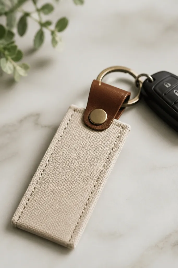 A rectangular canvas key fob with a leather-style strap loop; it has two straight stitch lines and a metal snap at the top, shown next to car keys.