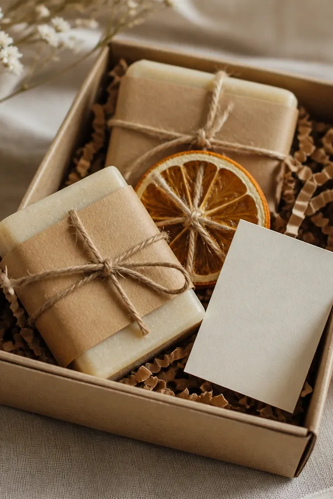A small gift box holding two bars of soap wrapped in kraft paper, a dried orange slice tied with twine, and a mini card with ingredients listed.