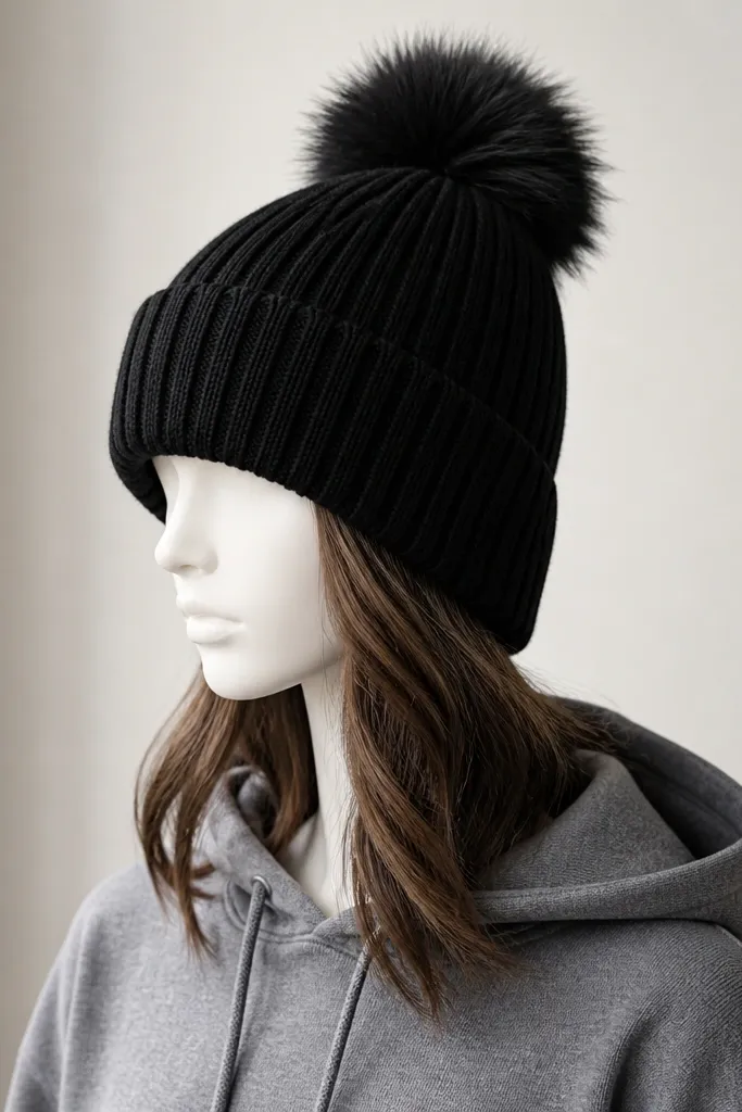 A black ribbed beanie with a thick folded cuff and a fluffy faux-fur pom; shown on a mannequin head with a gray hoodie.