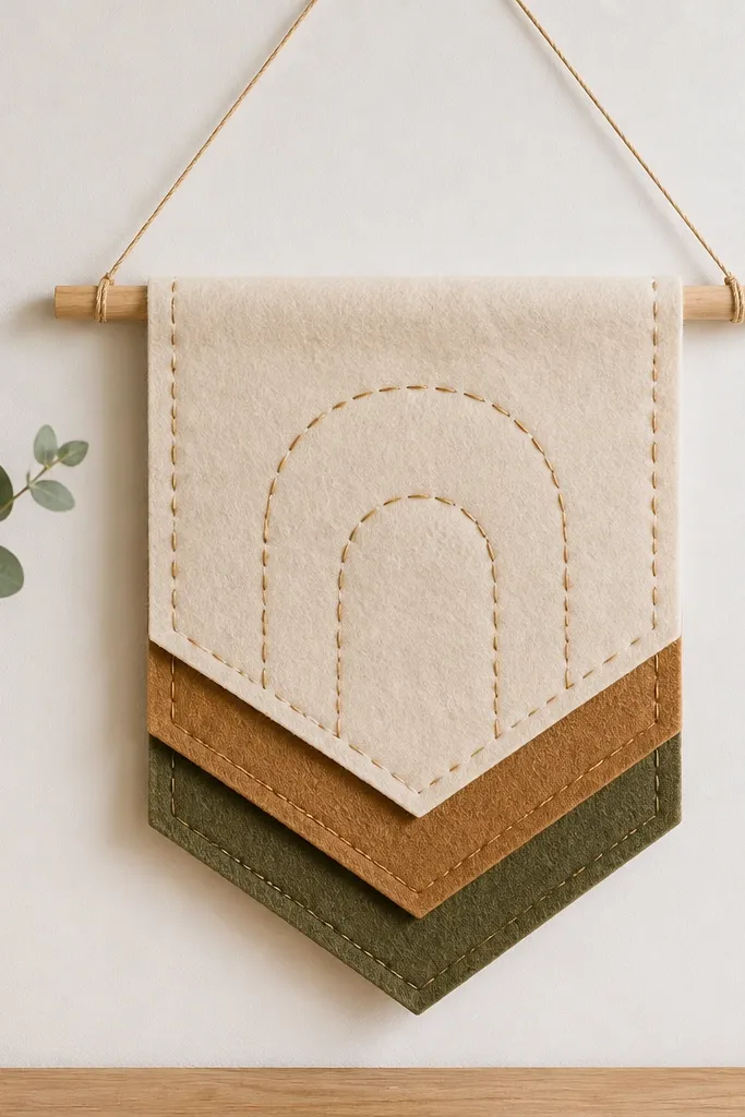 A small felt banner made from layered pennants, with stitched letters and two felt color bands; hanging from a wooden dowel with twine.