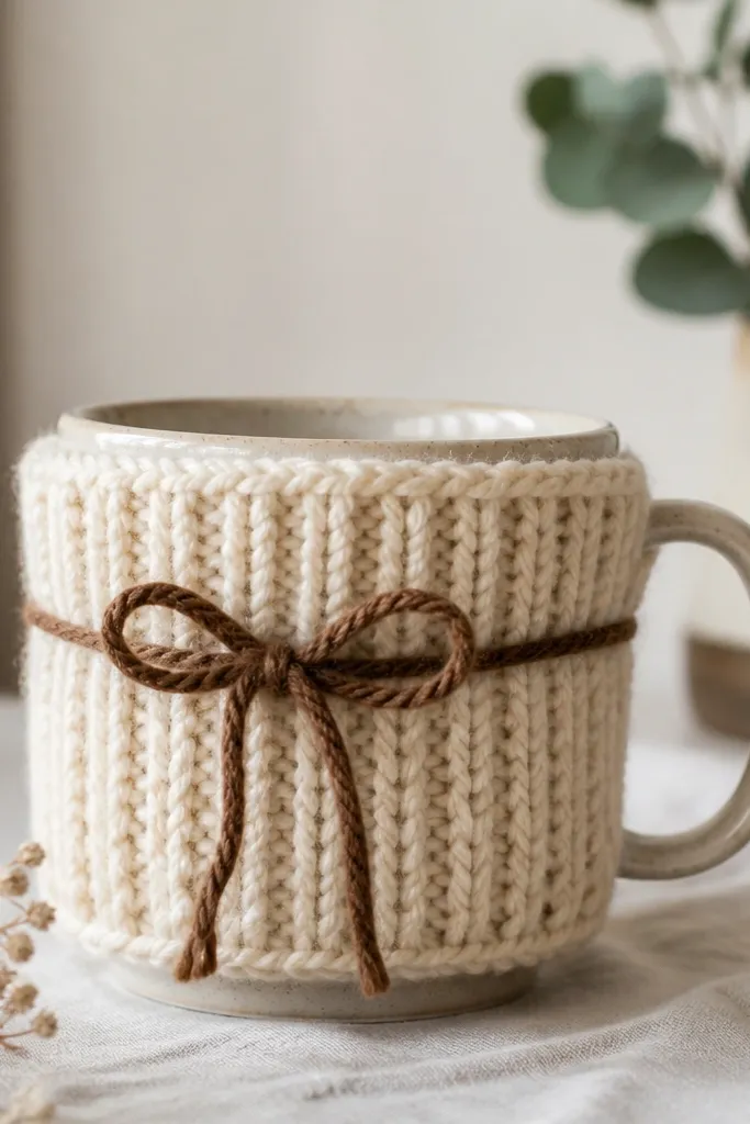 A knitted-style mug cozy in cream yarn with a brown tie ribbon; it wraps around a ceramic mug and leaves the handle visible.
