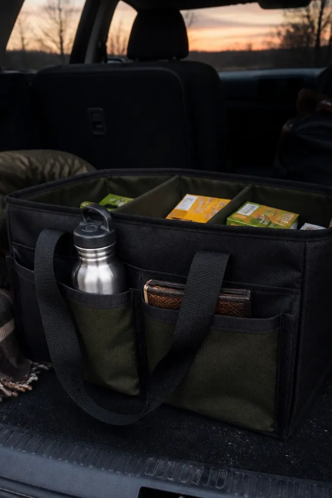 A black tote bag with a removable fabric liner inside, showing two interior pockets and a top drawstring; it's displayed with grocery items.