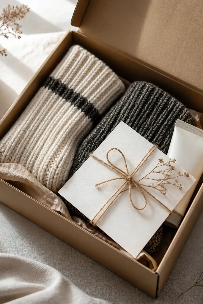 A shoe-box style gift with folded thick socks, a small packet of foot balm, and a handwritten card tied with twine.
