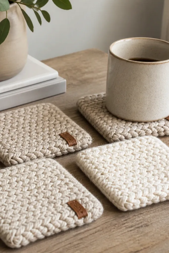 Four thick knitted coasters in oatmeal and cream, each with a small leather label in one corner; they're laid on a coffee table next to a mug.