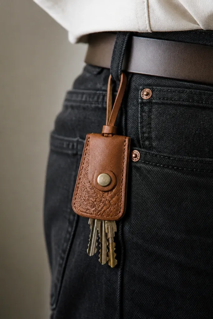 A small leather key keeper with a stamped pattern and a metal snap; it's shown hanging from a belt loop with keys inside.