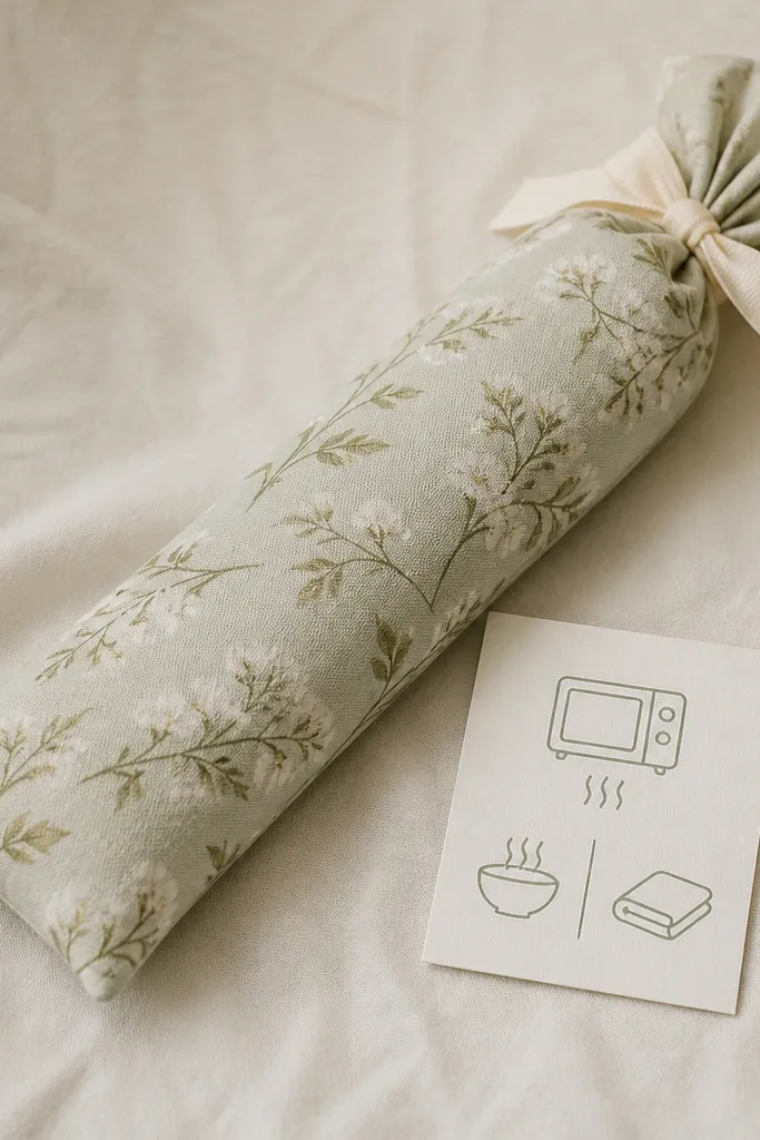 A long fabric sock filled with rice, tied at one end with a ribbon, and placed next to a small heating instructions card.