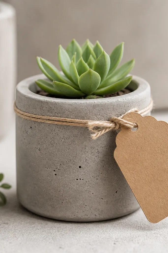 A small planter painted in faux concrete texture, with a tiny succulent planted inside; a kraft tag with a handwritten message hangs from twine.