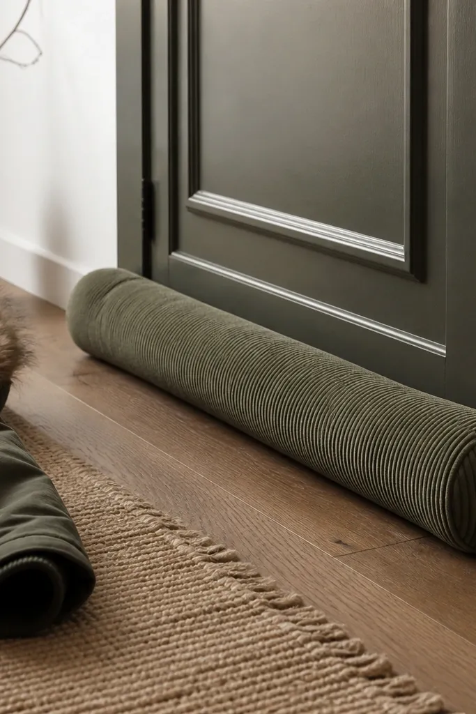 A long draft stopper along a door, made from corduroy fabric with a removable cover and end caps; shown with a winter coat nearby.