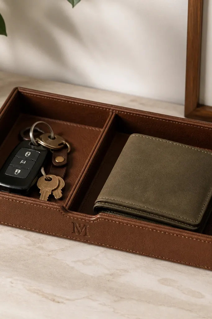 A rectangular tray made from leatherette with stitched edges; it has a small monogram burned-in and compartments for keys and a wallet.