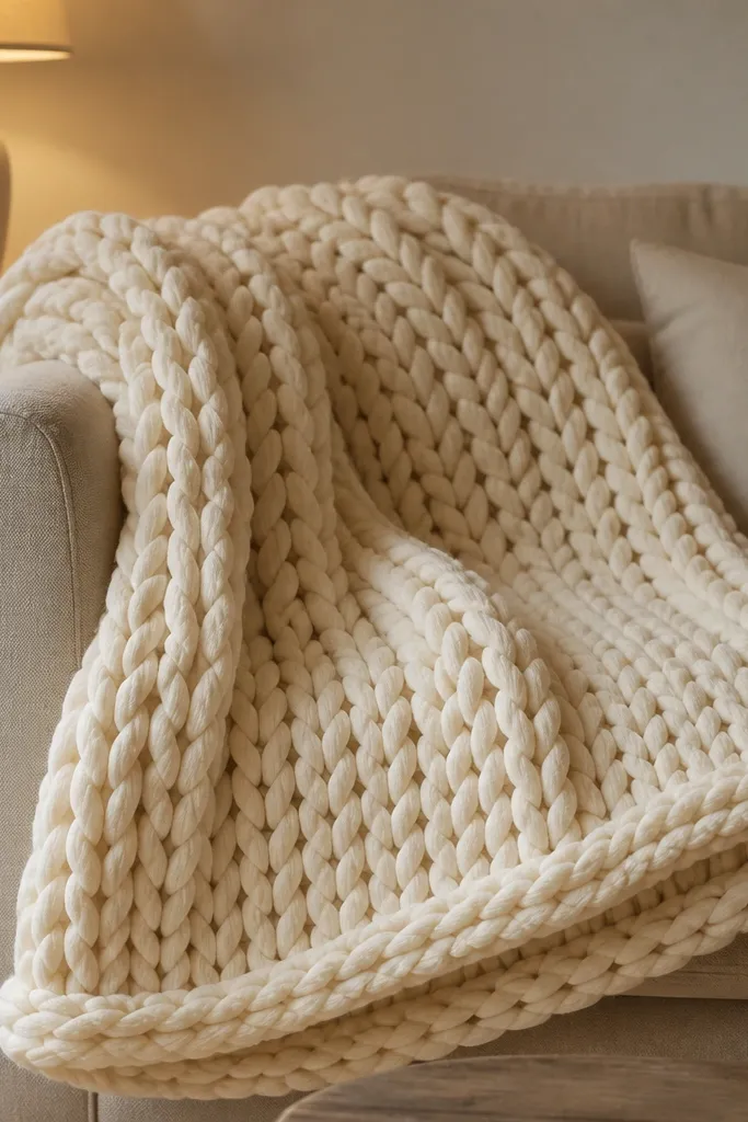 A chunky knit blanket in cream yarn draped over a couch; it has visible thick loops and a clean folded edge, photographed with warm lamp light.