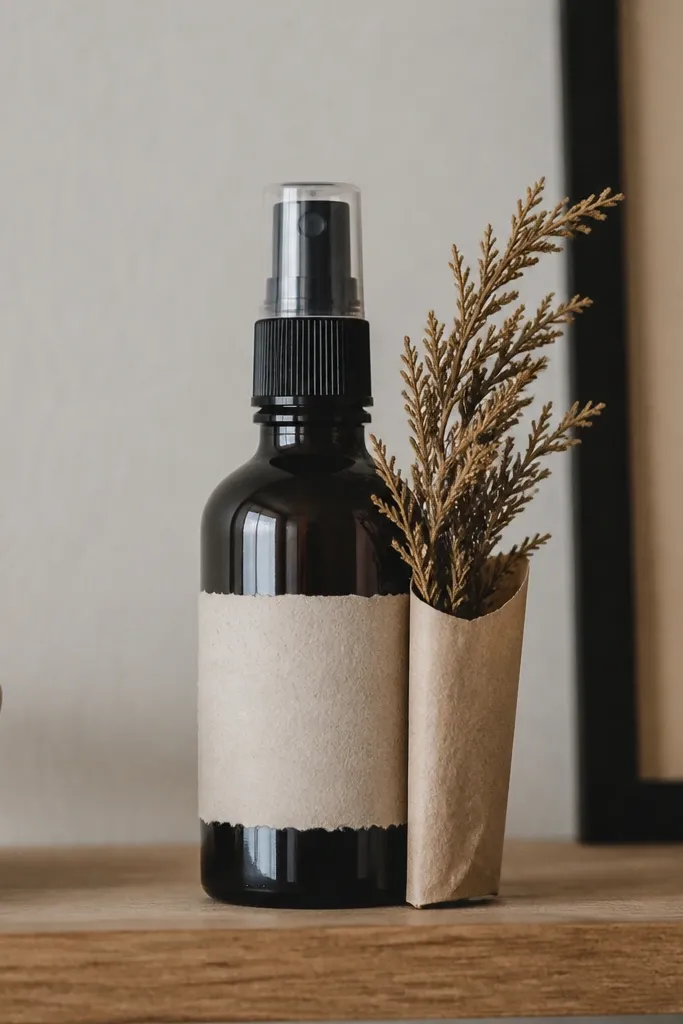 A dark glass spray bottle with a handwritten label and a small sprig of dried cedar tucked into a paper sleeve; it's sitting on a shelf.