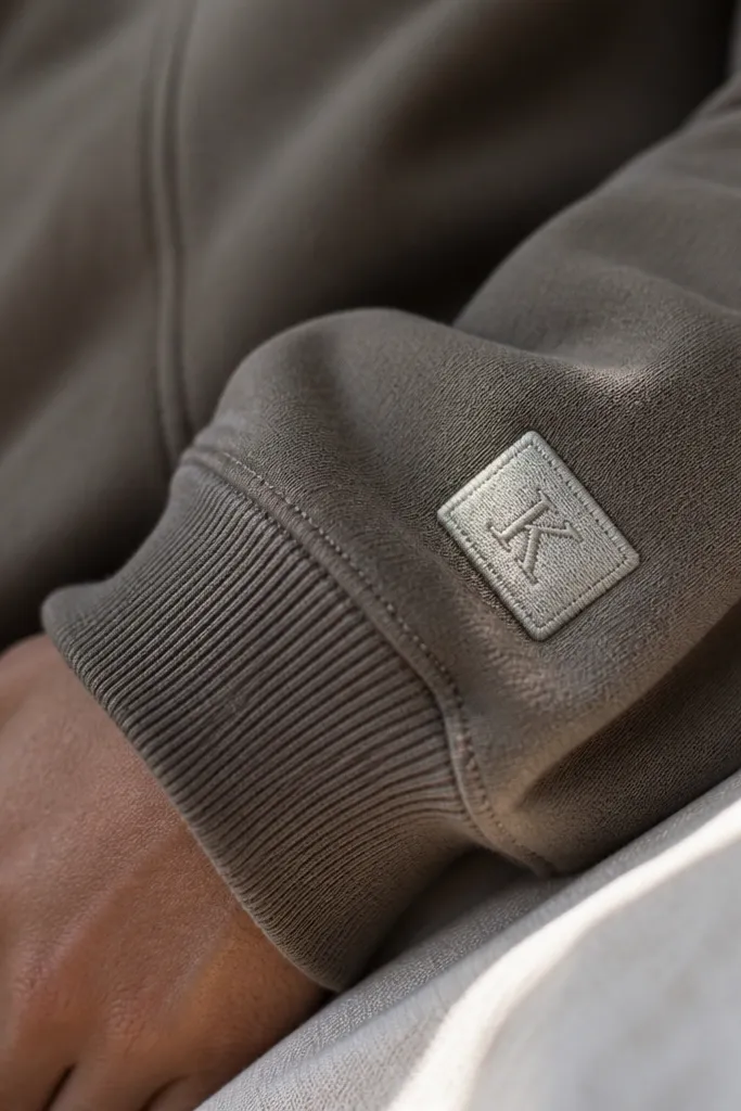 A hoodie sleeve with a small embroidered patch area near the cuff; it shows a single initial in thread on a rectangular fabric patch.