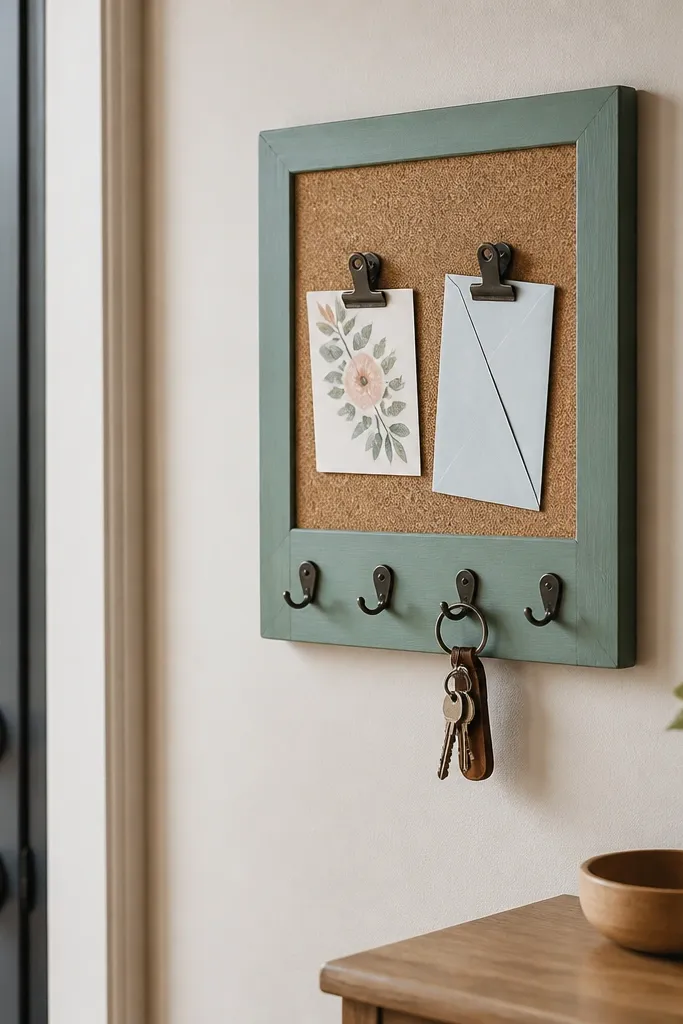 A small cork board with a key hook line and two clips for mail; it has a painted border and sits near a doorway.