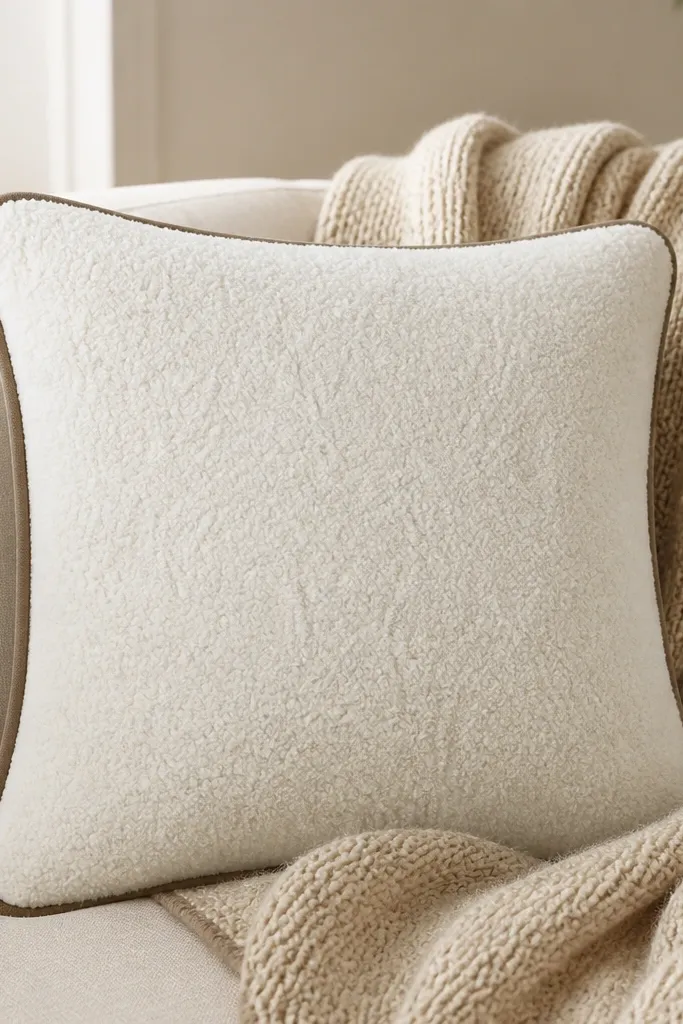 A square pillow cover in soft sherpa with a contrasting fabric piping around the edges; shown on a couch with a knit throw.