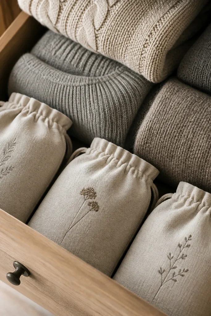 Small linen pouches with stitched tops, each with a stamped label; they're placed inside a drawer with folded sweaters.