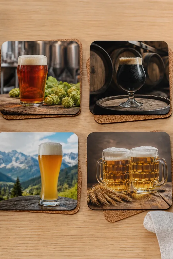 Four square tile coasters with printed beer-themed photos and names; each sits on a cork backing and is photographed next to a bottle.