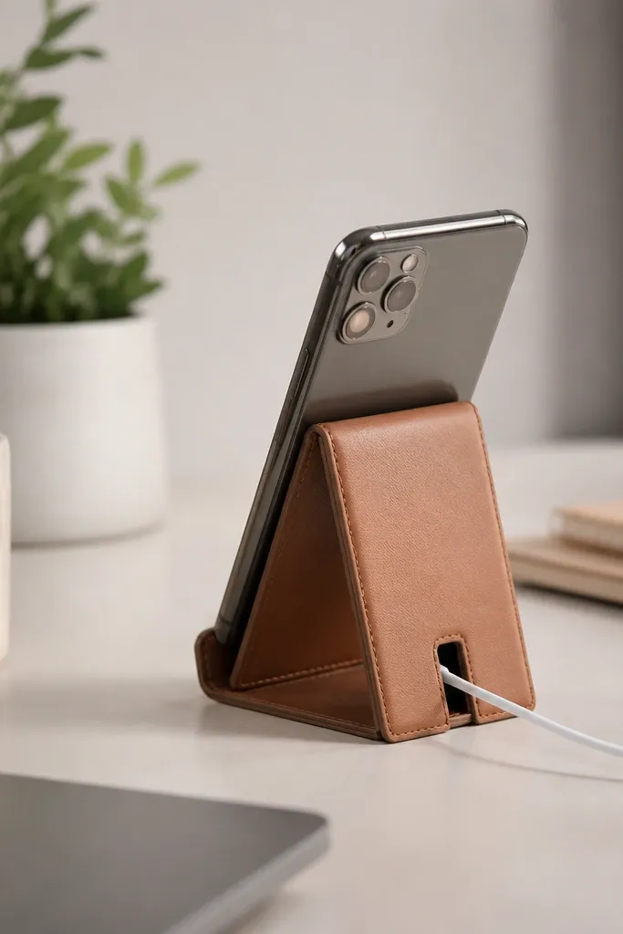 A small leatherette phone stand with a cable channel cut in the back; it's shown propped up on a desk with a charging cable.