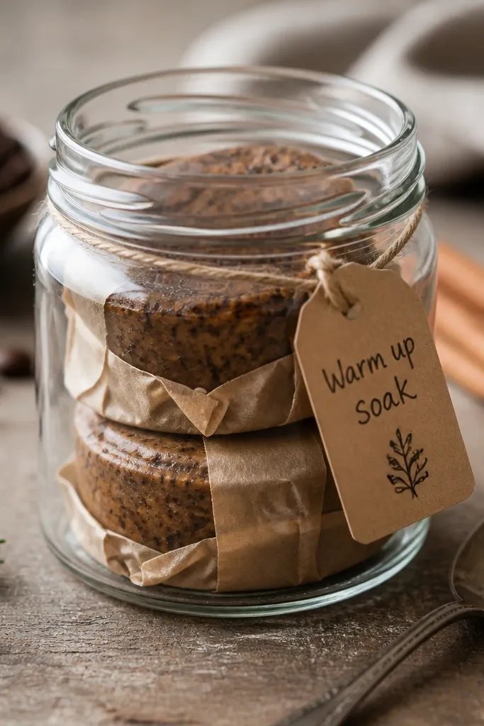 A clear glass jar with a wide mouth sits on a wooden table. Inside are two stacked bath soak bars wrapped in brown parchment and tied with twine. The bars are medium-brown with visible flecks of ground coffee and cinnamon. A handwritten label on kraft paper reads "Warm up soak" with a small sprig sketch. A spoon rests beside the jar, and the table smells like roasted coffee.