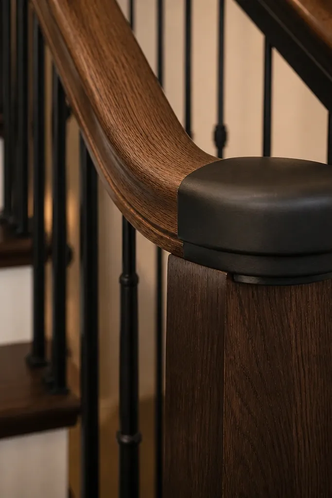 Dark walnut handrail with matte black end caps on a stair wall