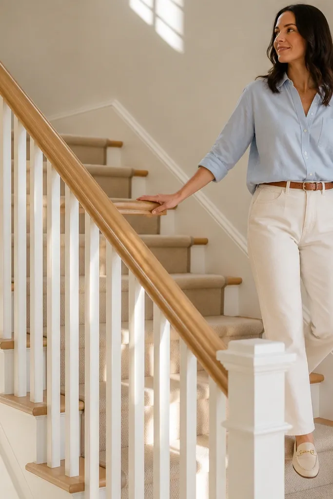 Light oak handrail with white vertical balusters on a staircase