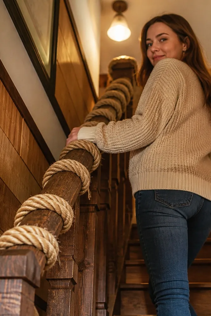 Twisted rope wrapped around a handrail with wood posts