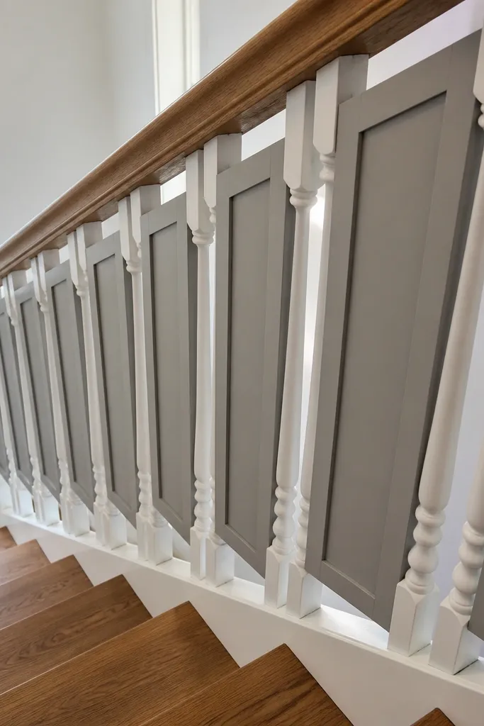 White shaker panels between balusters with a warm wood handrail
