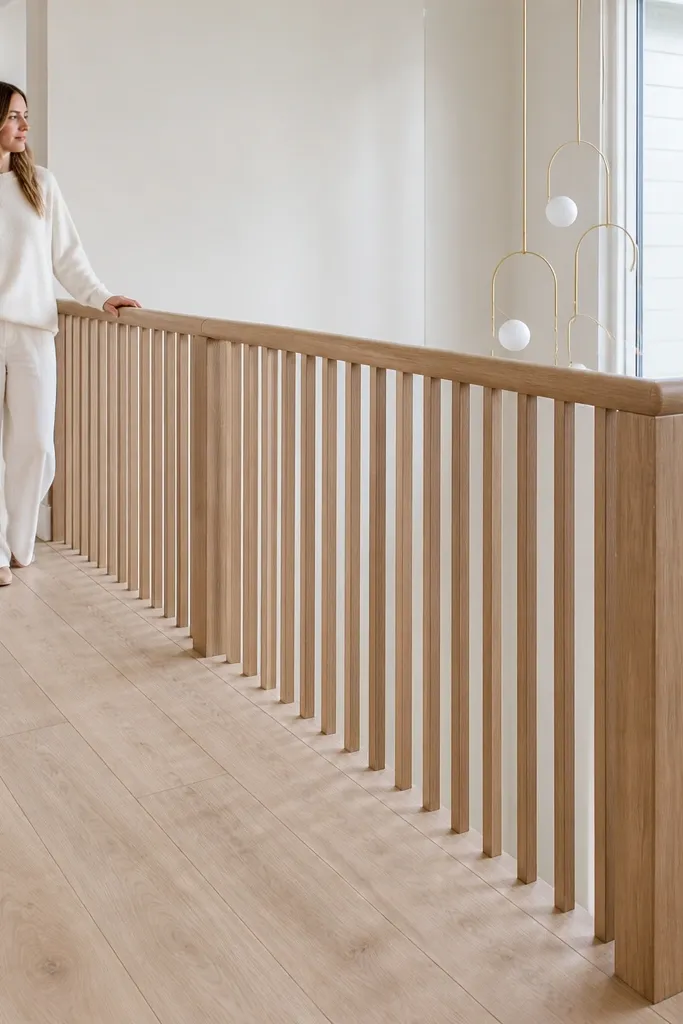 Vertical light wood slats with a rounded handrail on a staircase