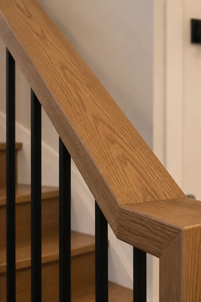 Matte black metal balusters with a thick oak handrail