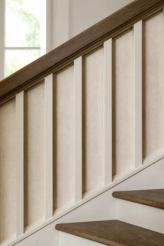 Warm wood handrail with woven fabric panels filling the space