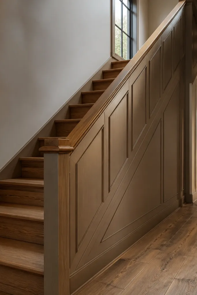 Enclosed wood stair rail with box-style panels and warm stain