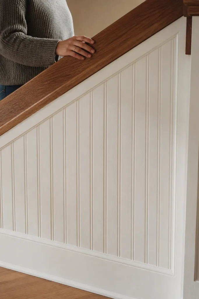 Beaded board panel under a stair railing with a warm wood handrail