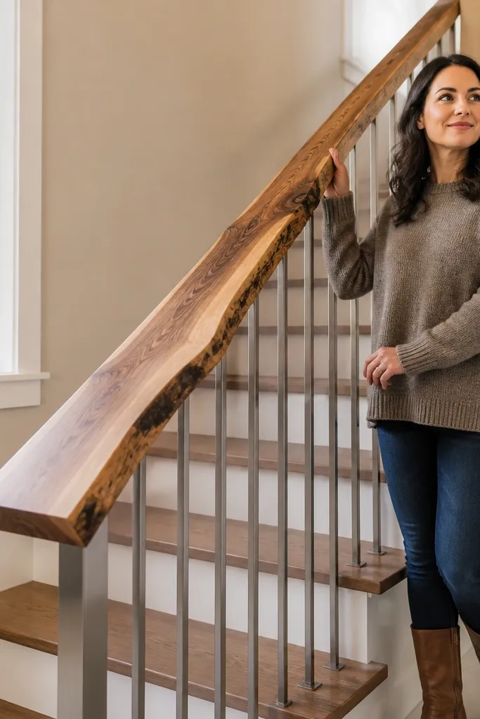 Live-edge wood handrail cap on straight metal posts