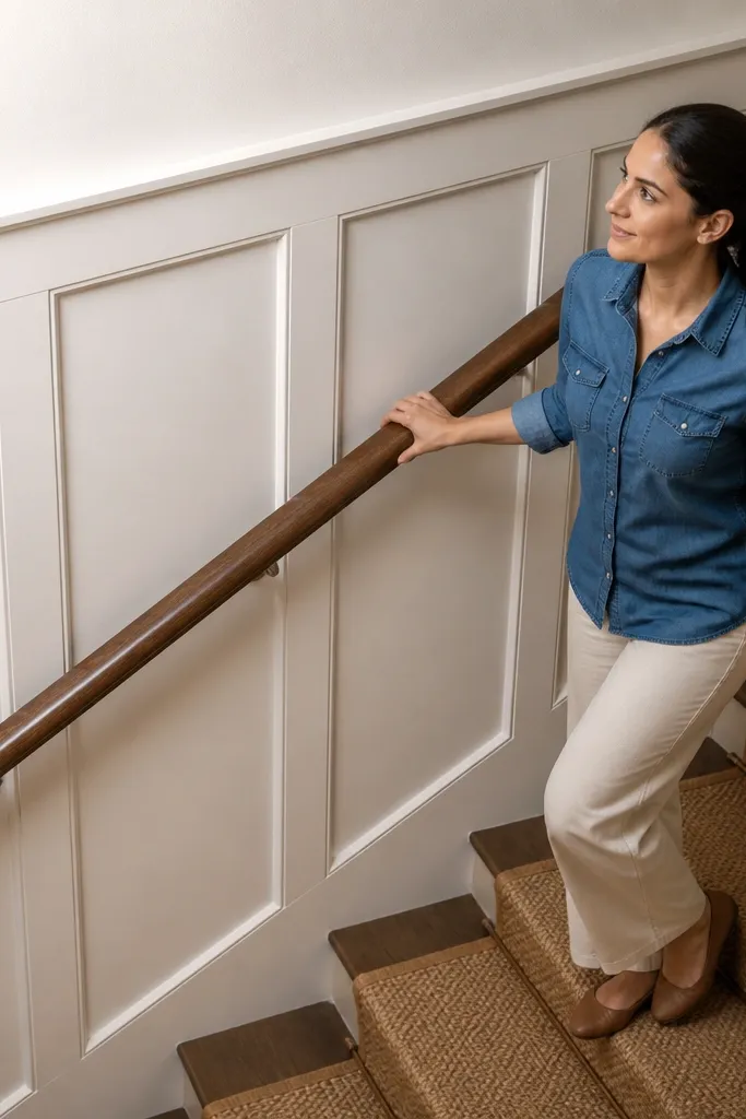 Chunky rounded wood handrail with paneled wall behind it