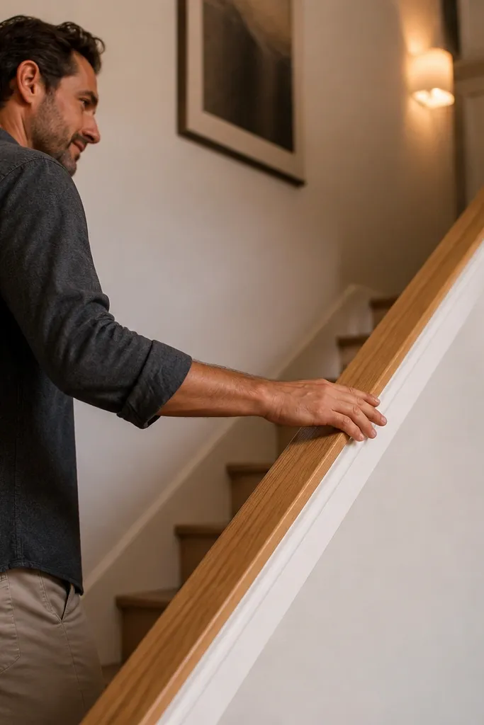 Matte white stair rail with a warm wood grip strip on top